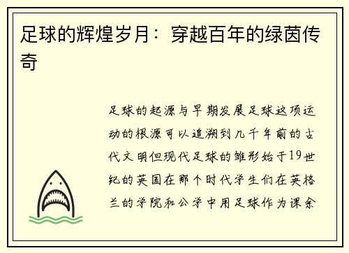 足球的辉煌岁月：穿越百年的绿茵传奇
